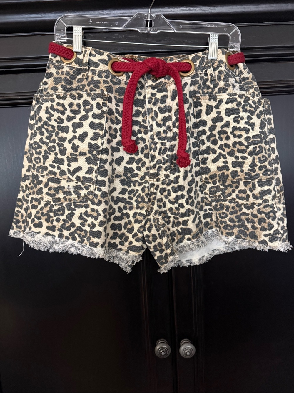 BiBi Leopard Print Jean Shorts with Red Rope Waist
